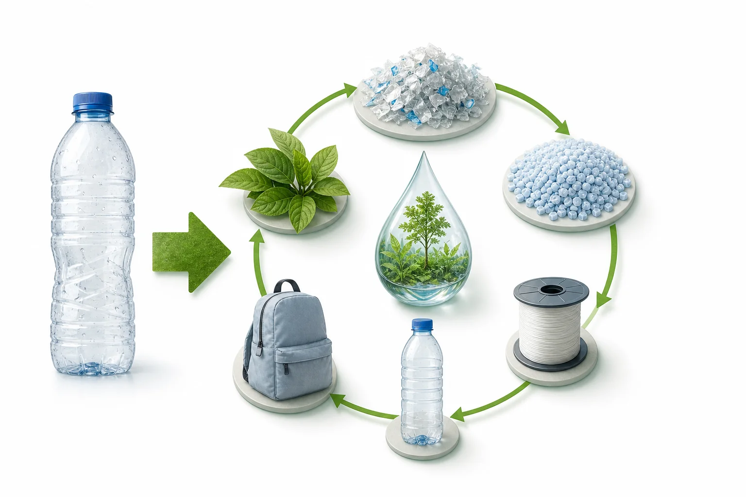 A plastic bottle moving from a recycling bin to a sorting center and then into new plastic pellets