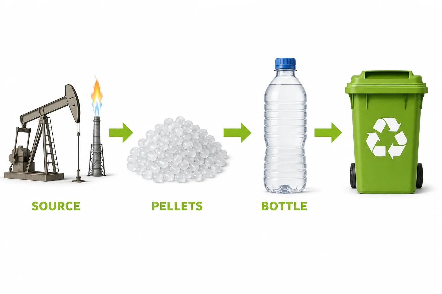 A simple life-cycle diagram showing oil or gas materials becoming plastic pellets, then a bottle, then a recycling bin