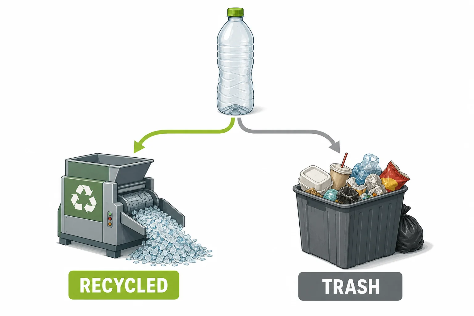 Two paths for a plastic bottle, one showing a successful recycling route and one showing a rejected route
