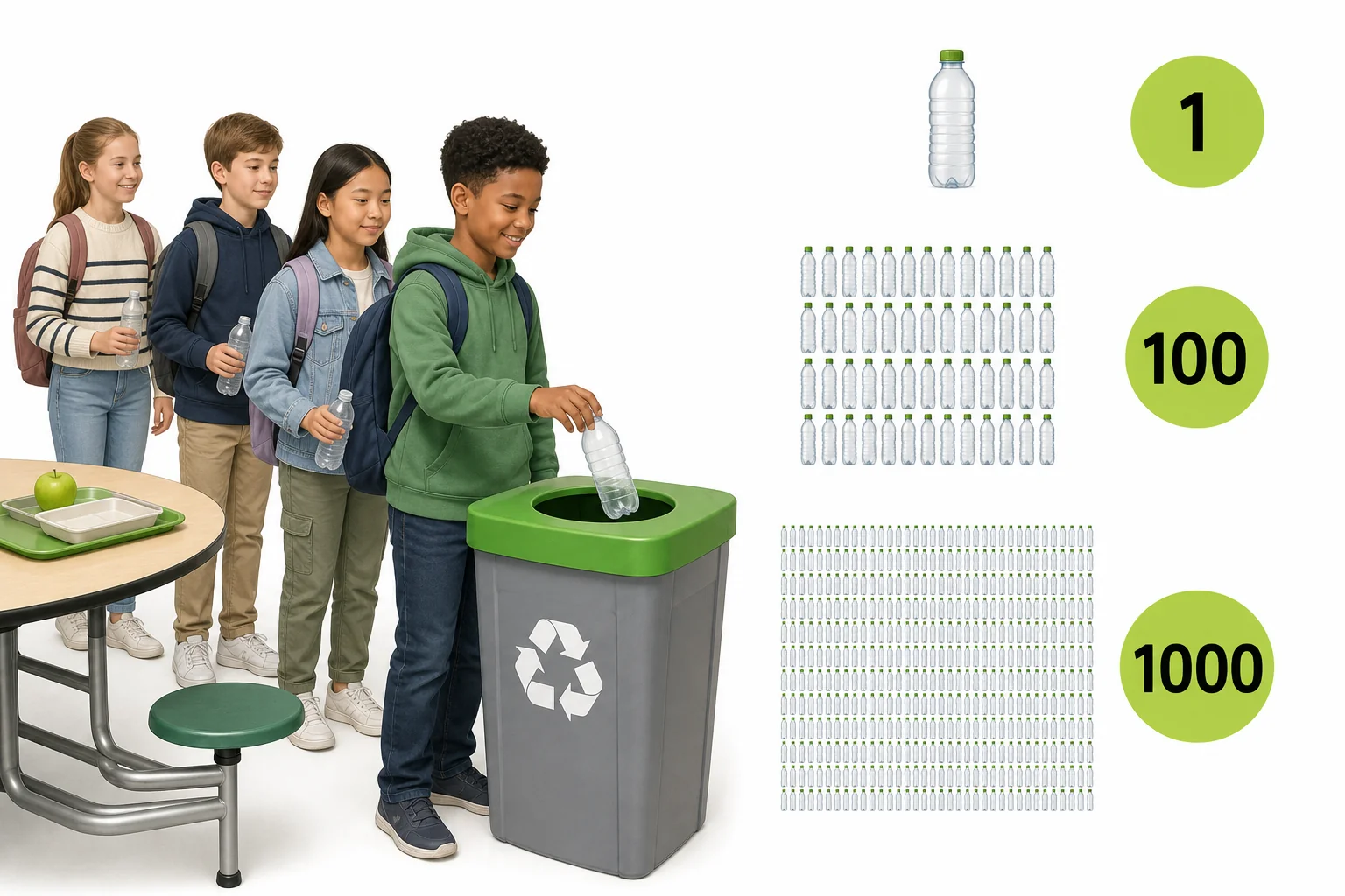 Rows of students adding plastic bottles to a school recycling bin and a simple count growing from one bottle to many