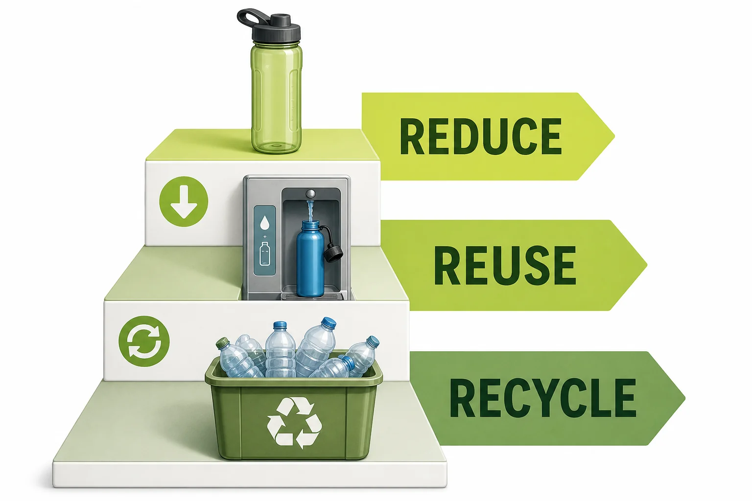 A decision ladder showing reduce, reuse, and recycle as waste choices for drink containers
