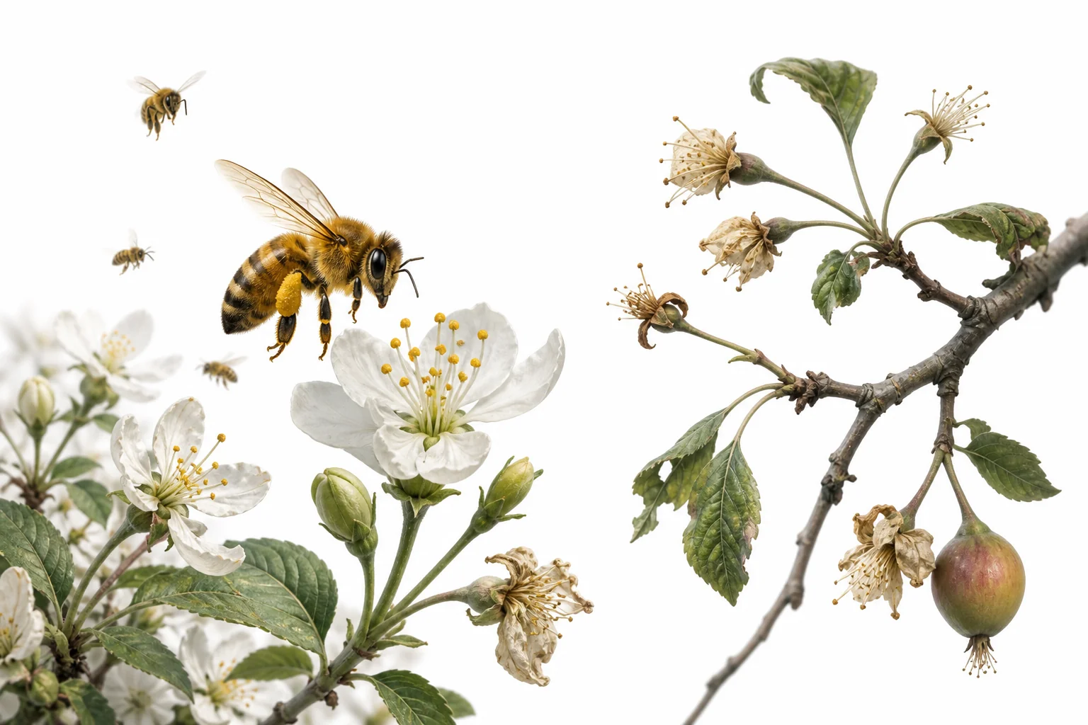 A honey bee visits a flower near a farm field, showing the connection between pollinators, plants, and food crops.