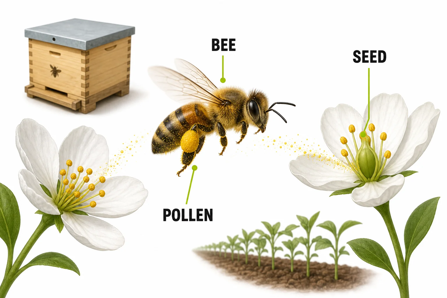 A bee moves pollen between flowers while a small hive and crop field sit nearby, showing pollination as a link between insects and plants.