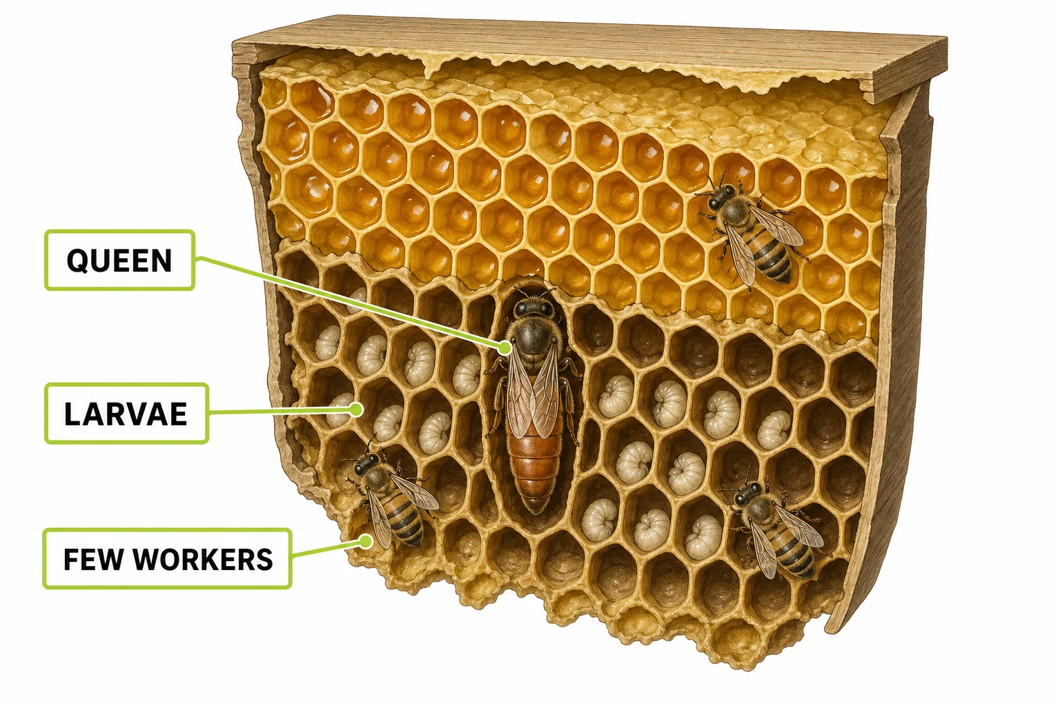 A cutaway hive shows a queen, young bees, stored honey, and very few worker bees, illustrating colony collapse disorder.