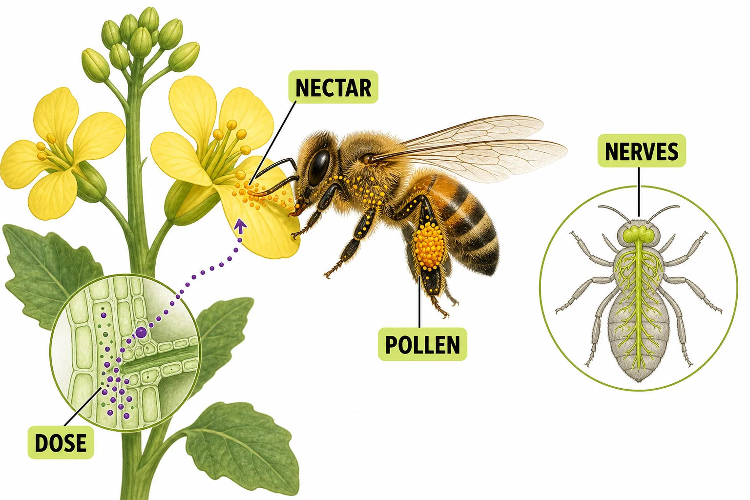 A bee flies near a crop plant while small dots show pesticide exposure through nectar and pollen, with a simple nervous system icon nearby.