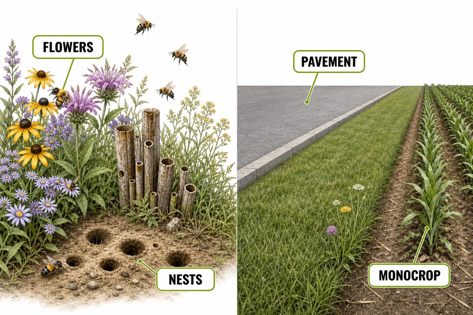 A split landscape compares a diverse flower meadow with nesting sites to a paved and mowed area with few flowers.