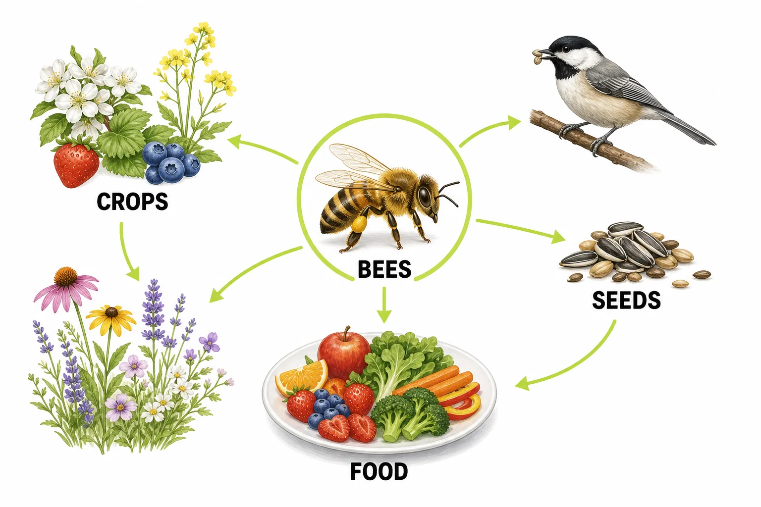 A food web diagram connects bees to flowering crops, wild plants, fruits, seeds, animals, and people.