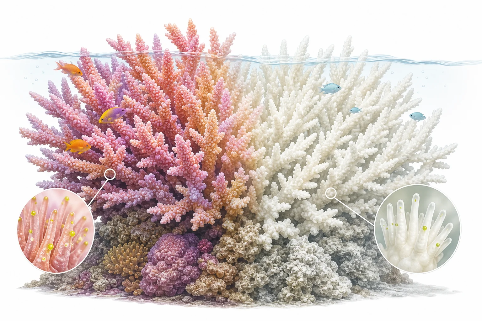 A coral reef scene showing healthy colored corals beside white bleached corals in warm shallow seawater