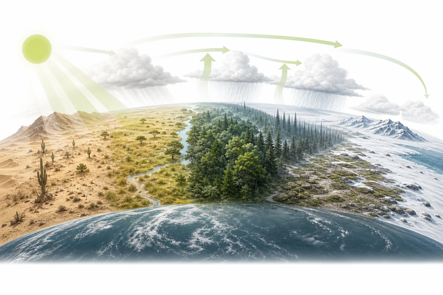 World map showing major biome regions such as rainforest, desert, grassland, tundra, and forest in relation to latitude