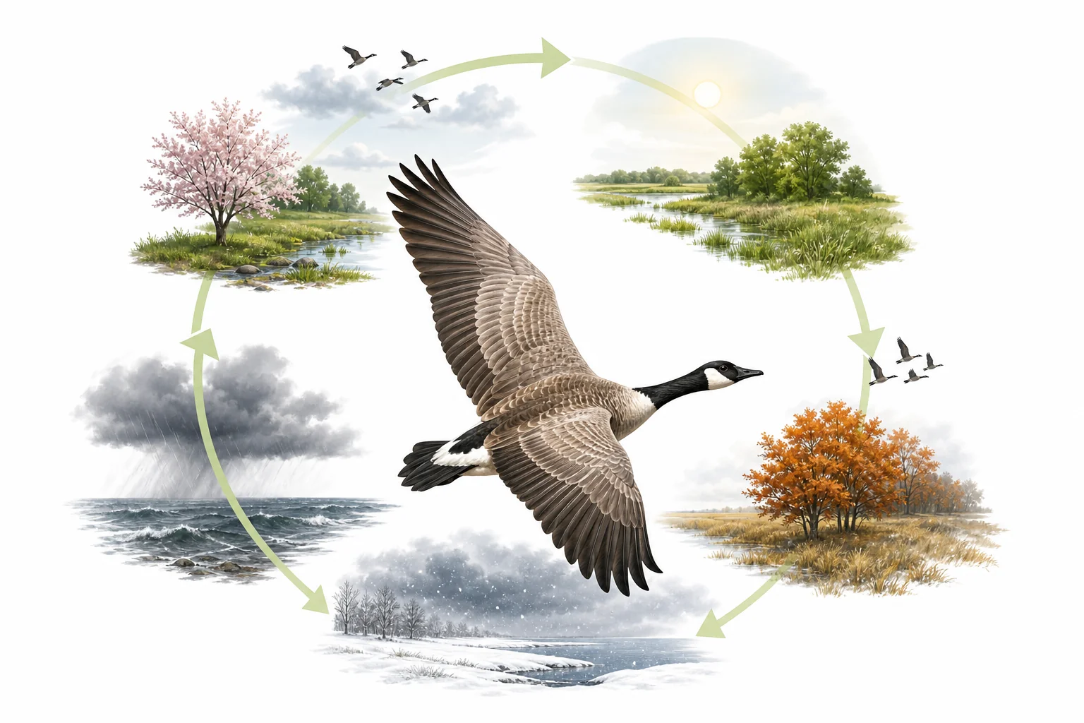 Map-style illustration showing migratory birds, whales, butterflies, and caribou moving between seasonal habitats across land and ocean.