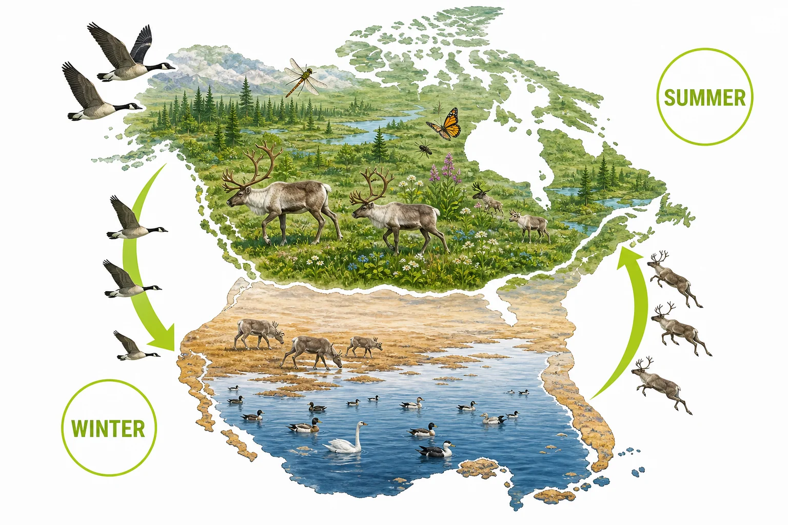 Seasonal diagram showing animals moving between a summer feeding area and a winter survival area.