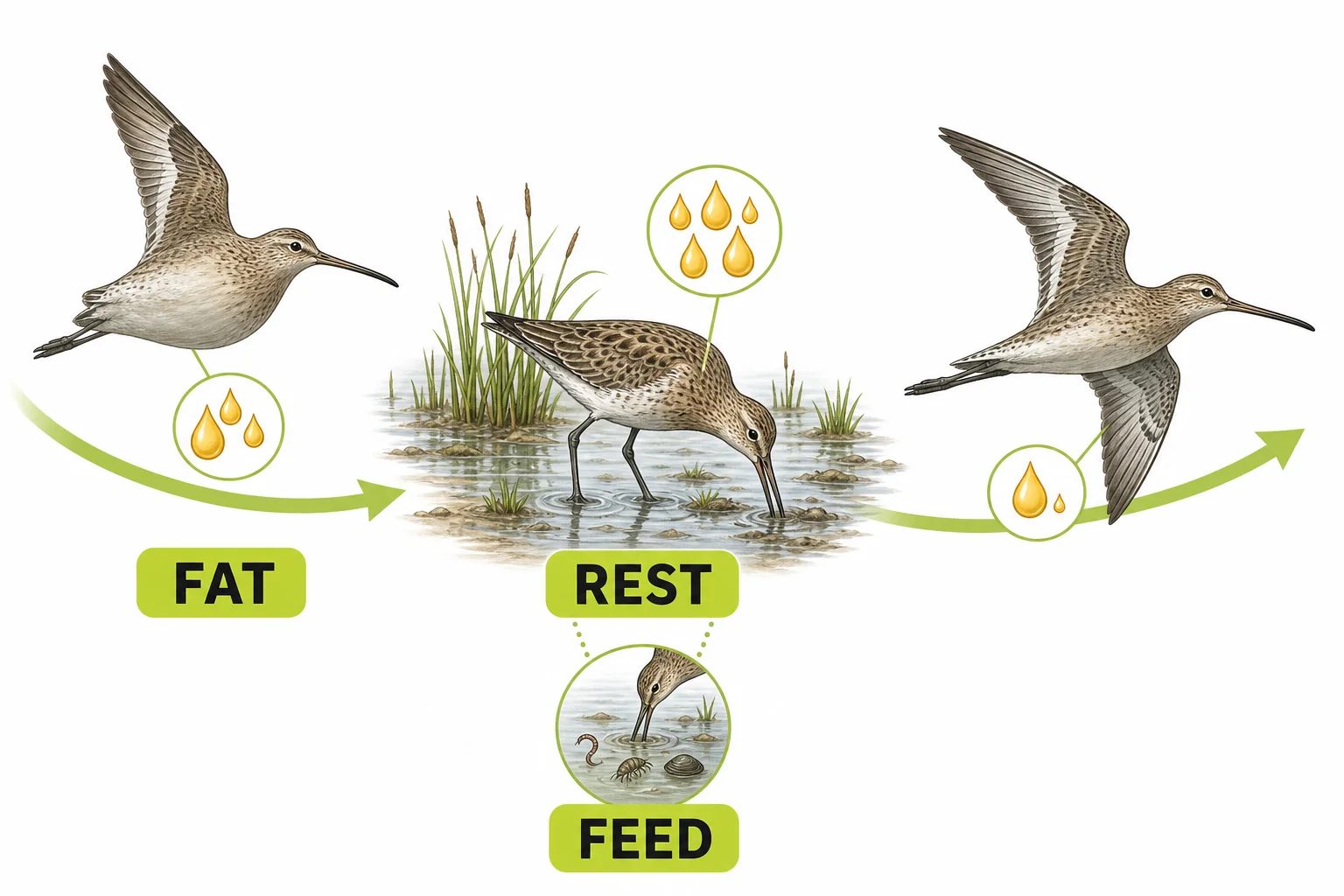 Diagram showing a migrating bird using stored fat, stopping to feed, and continuing its route.