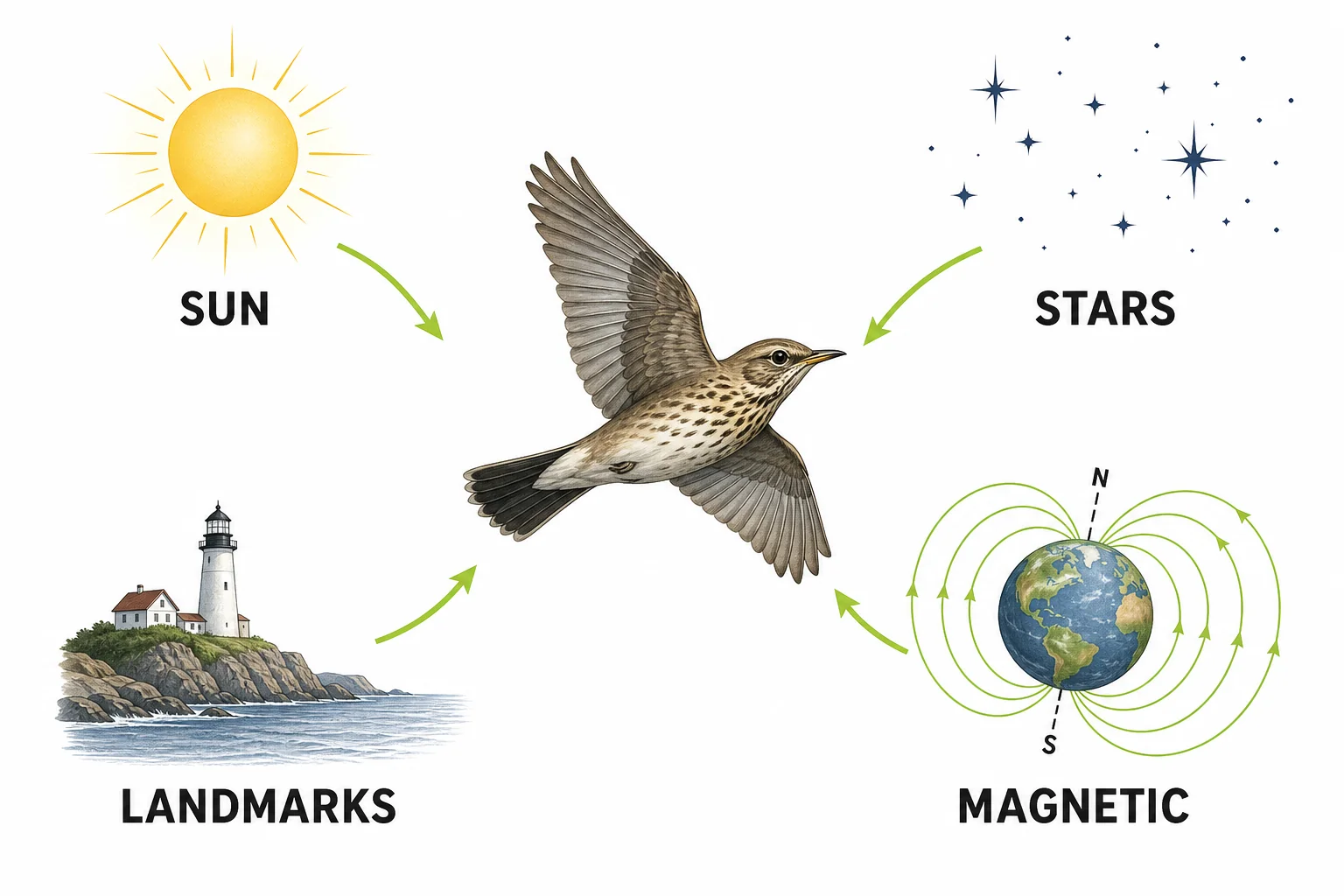 Bird navigation diagram showing a bird using stars, the Sun, landmarks, and Earth magnetic field lines.