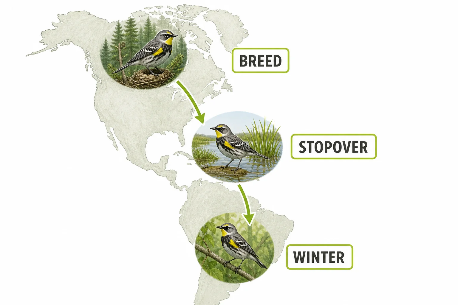 Map showing a migratory animal connecting breeding, stopover, and winter habitats.