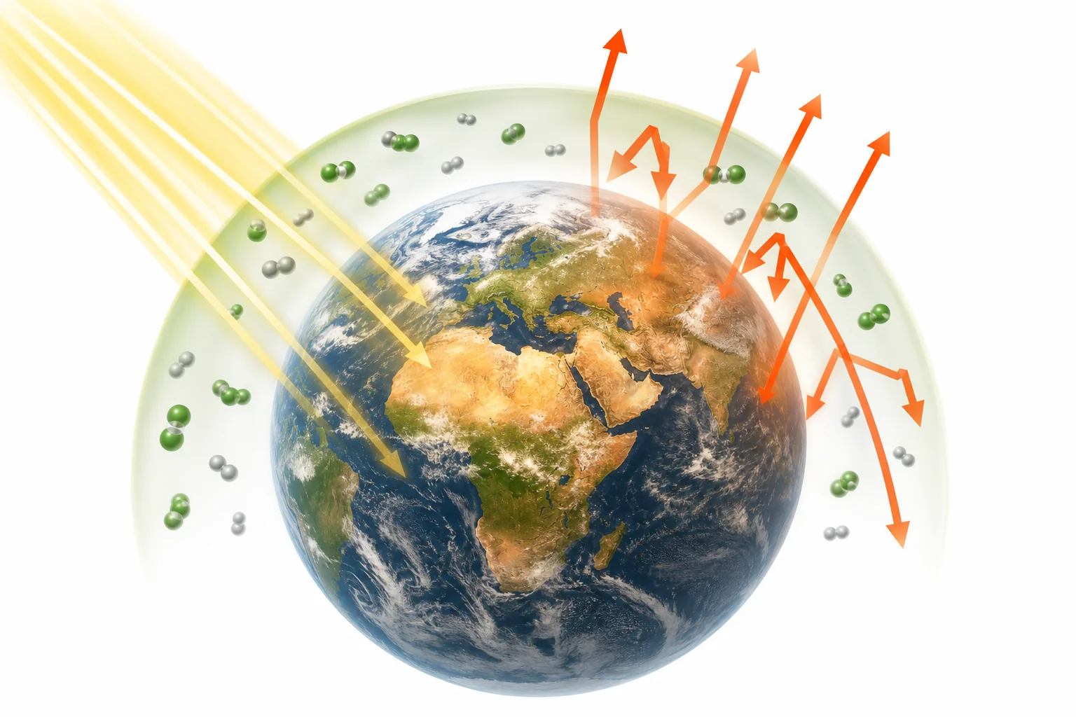 Earth receiving sunlight while some heat leaves to space and some is held by greenhouse gases in the atmosphere.