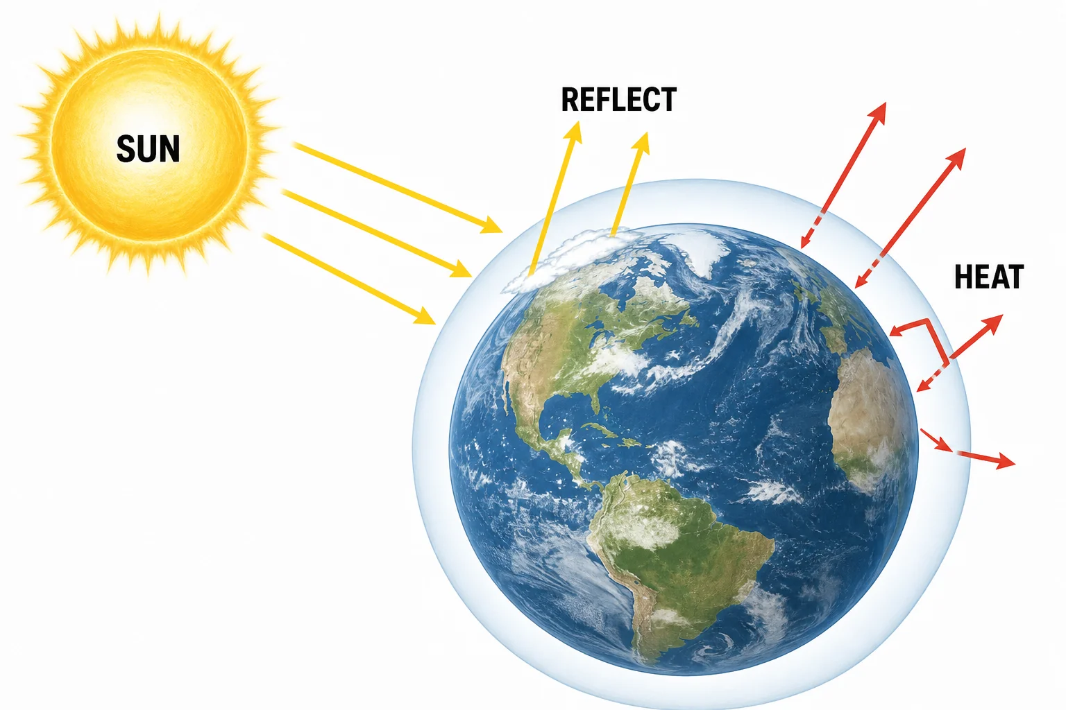A simplified Earth energy budget showing sunlight entering, some light reflecting, infrared heat leaving, and some heat being retained.