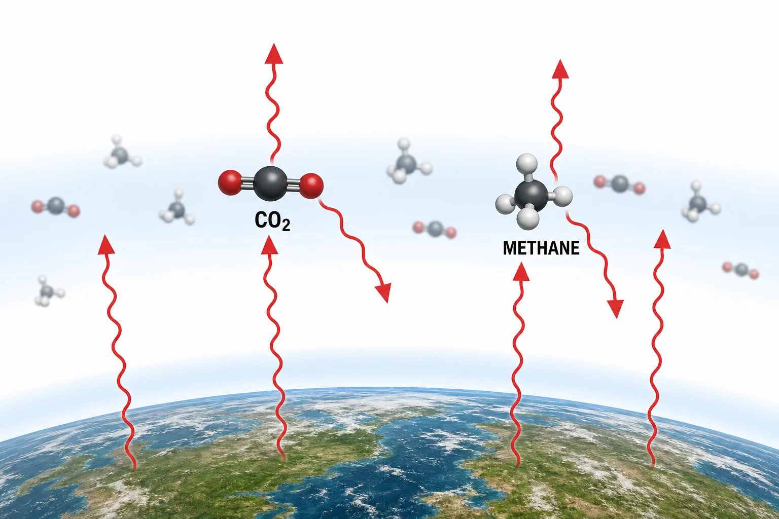 Carbon dioxide and methane molecules in the atmosphere absorbing red infrared arrows from Earth's surface.
