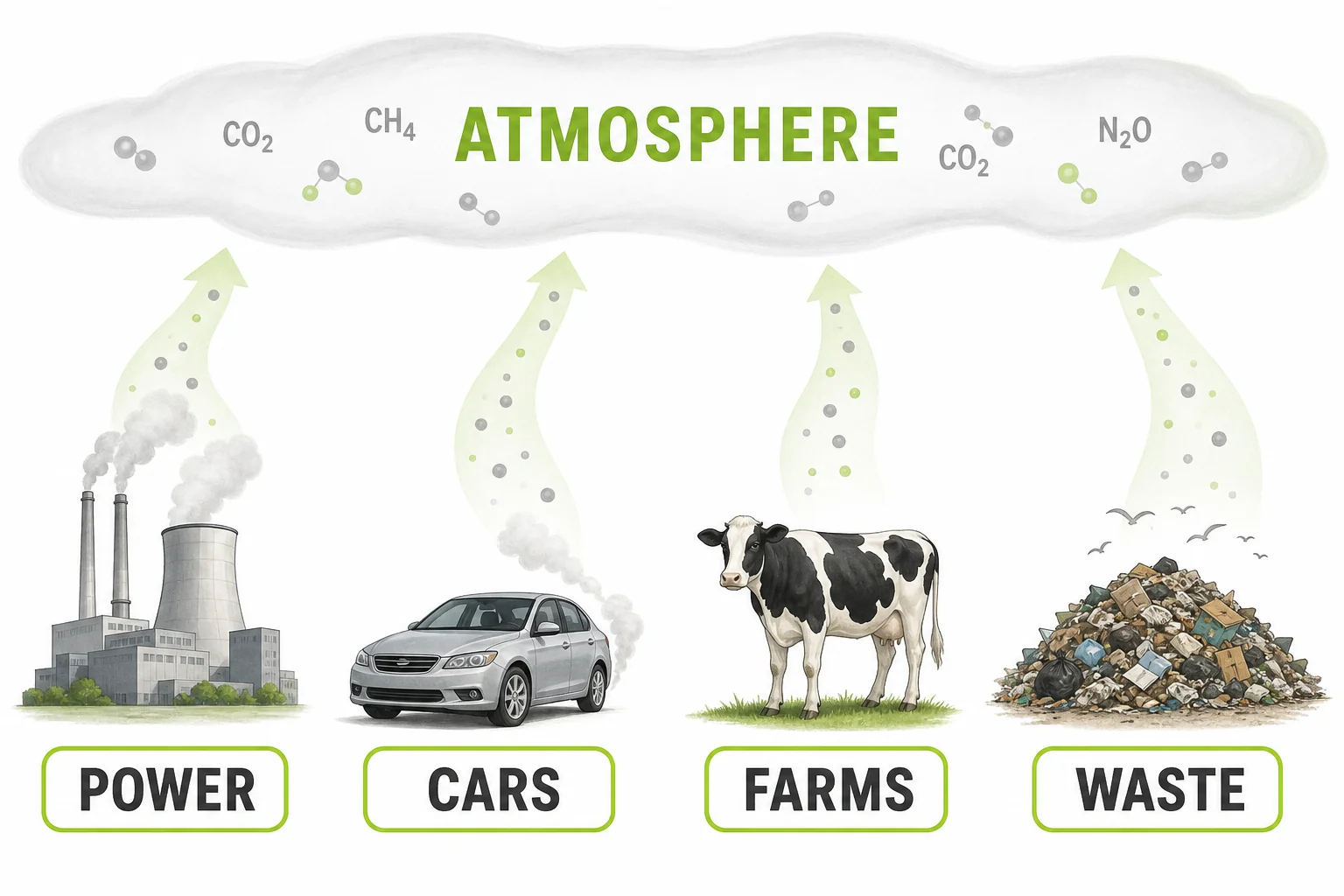 Human sources of greenhouse gases including a power plant, car, cattle, landfill, and cut forest connected to the atmosphere.