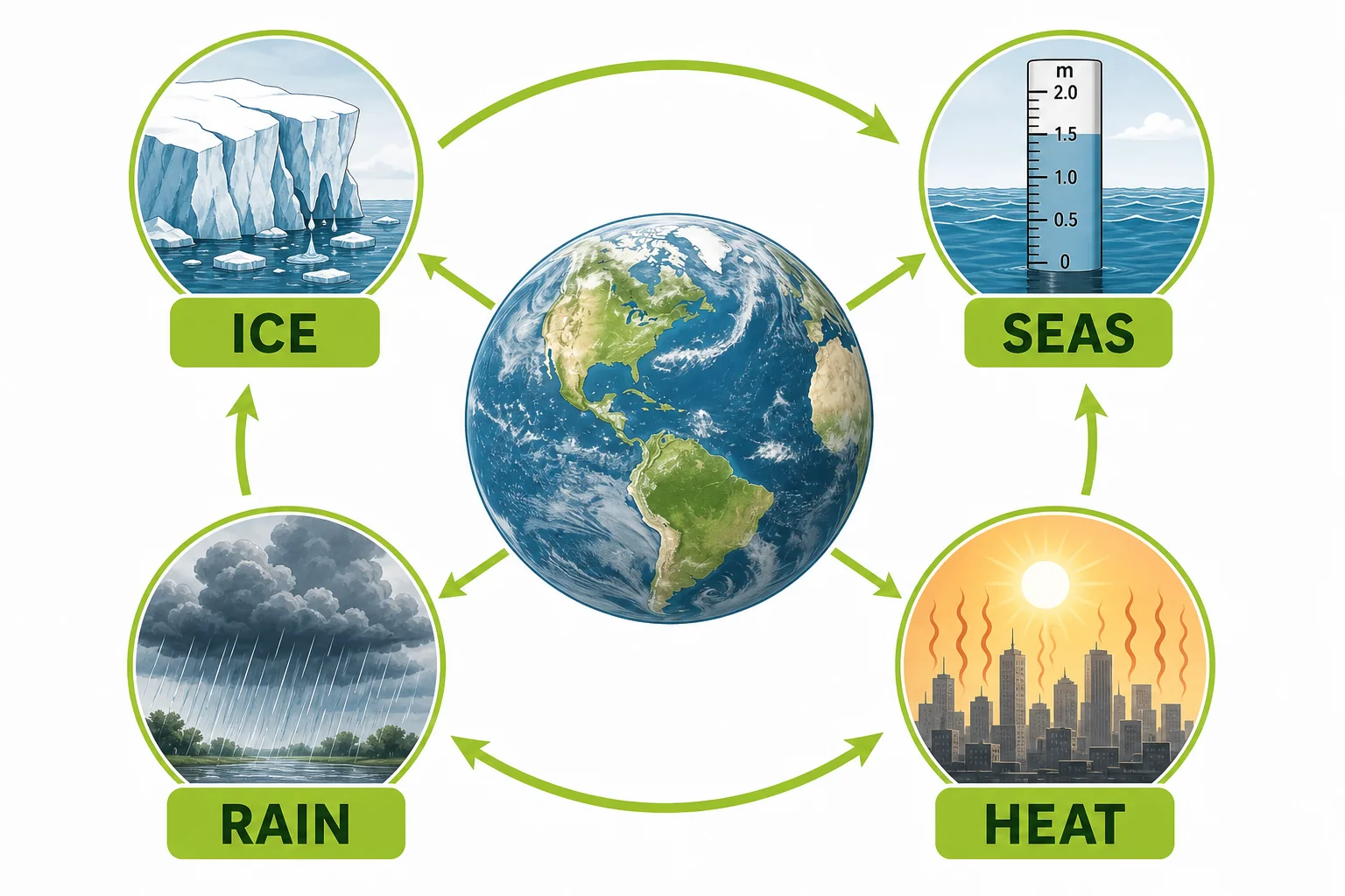 Connected climate effects showing melting ice, rising sea level, stronger heat waves, and heavier rain under a warmer atmosphere.