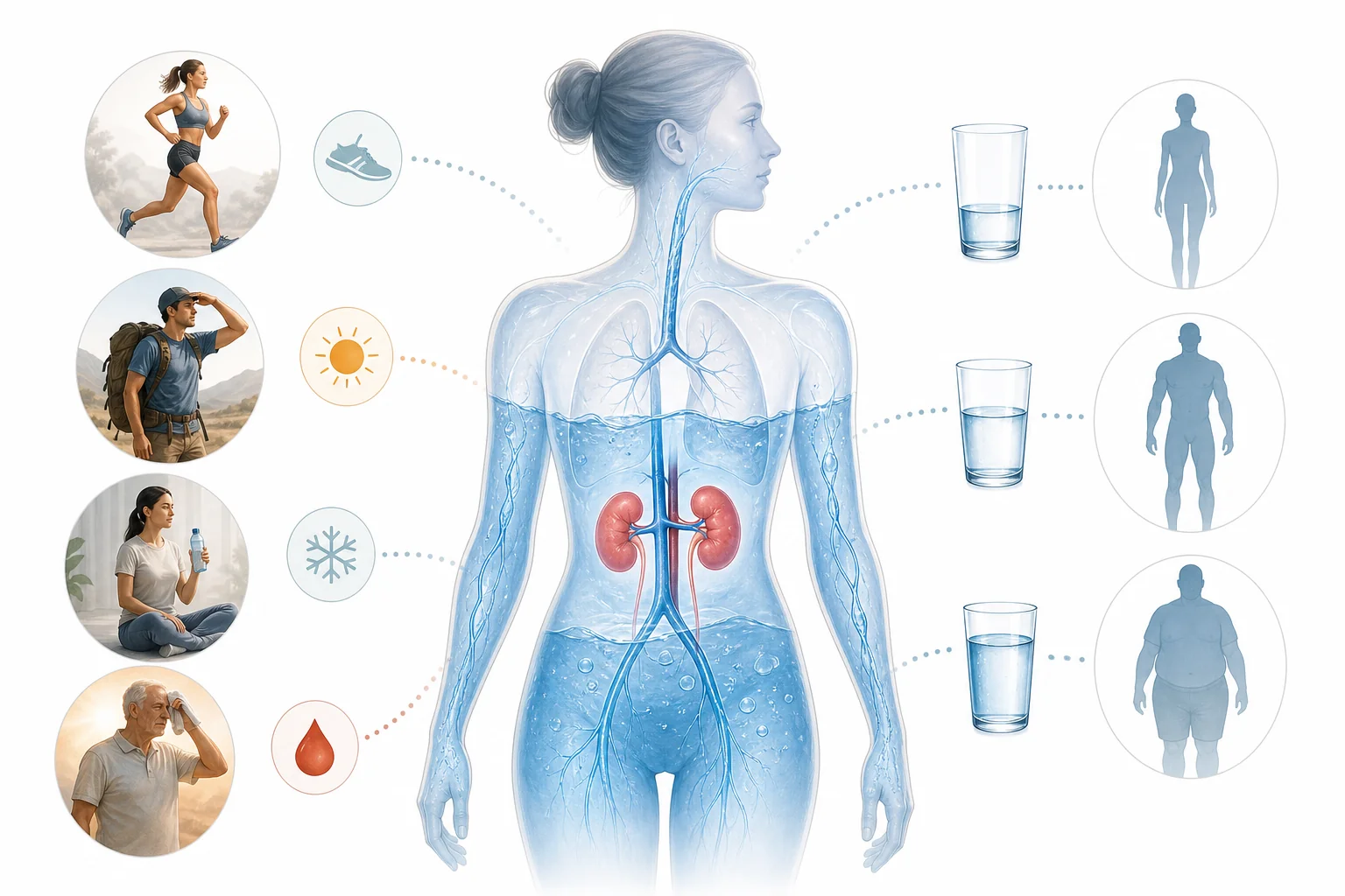 A student compares a water bottle, a bowl of fruit, soup, and a urine color chart to learn that hydration comes from drinks and foods.