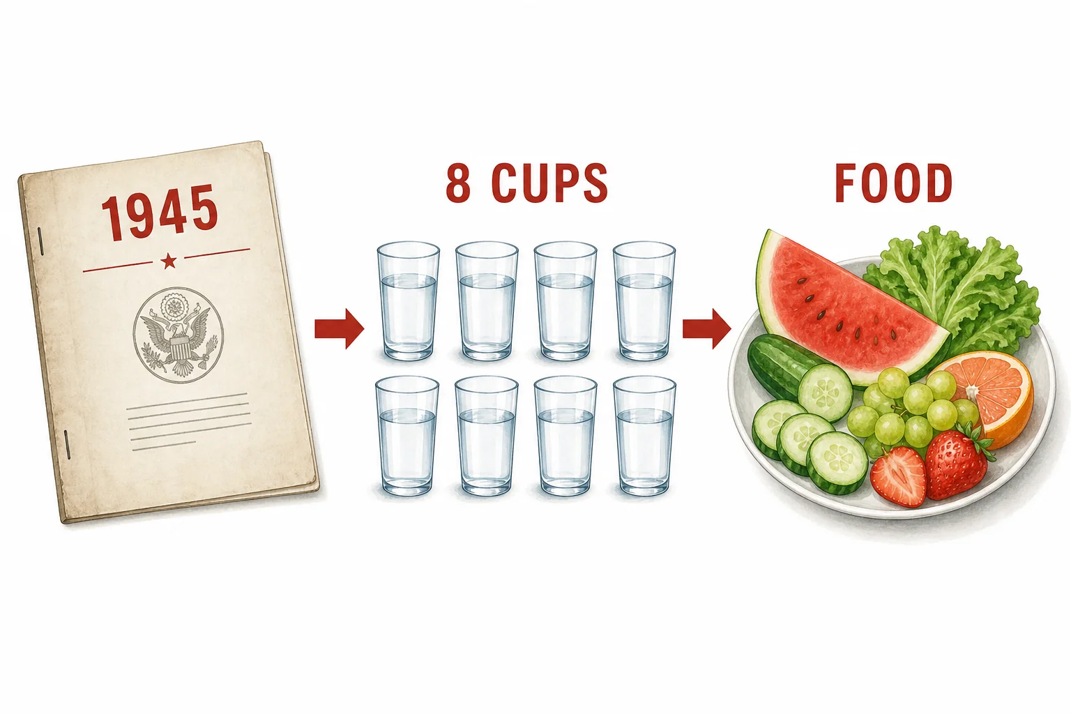 A timeline shows how older nutrition advice about total water became simplified into the 8 glasses rule.