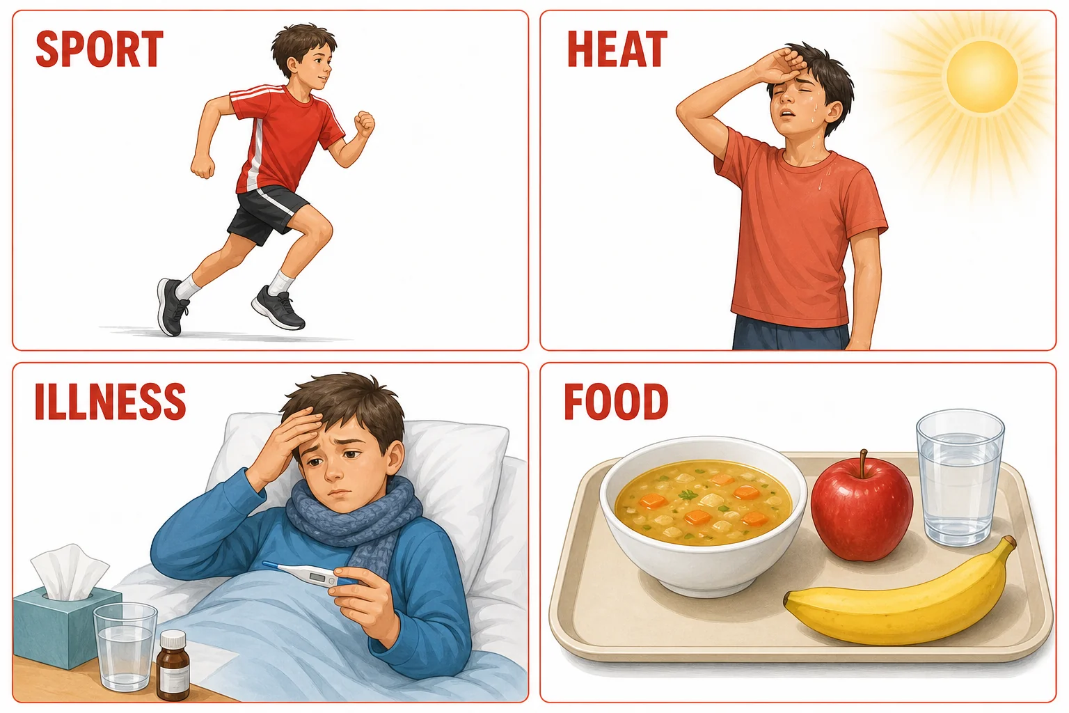 Four students in different situations show that water needs vary with exercise, temperature, illness, and food choices.