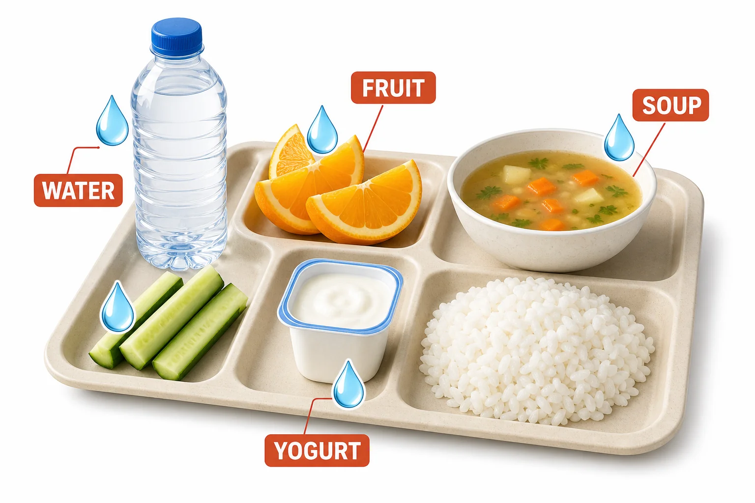 A lunch tray shows several foods and drinks that contribute water to the body.