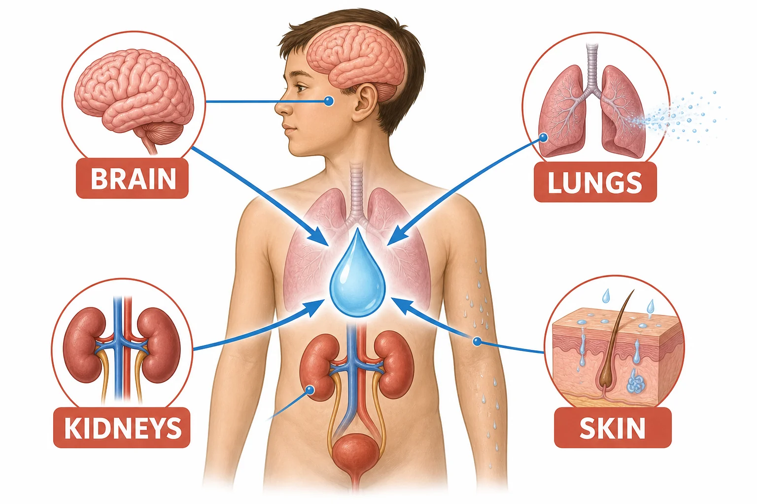 A body diagram shows the brain, kidneys, skin, and lungs working together to regulate water balance.