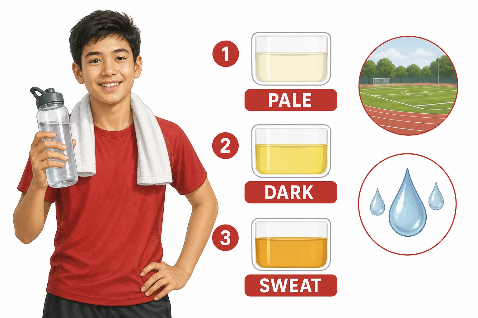 A student checks a water bottle, a sports field, and a simple urine color strip to notice hydration clues.