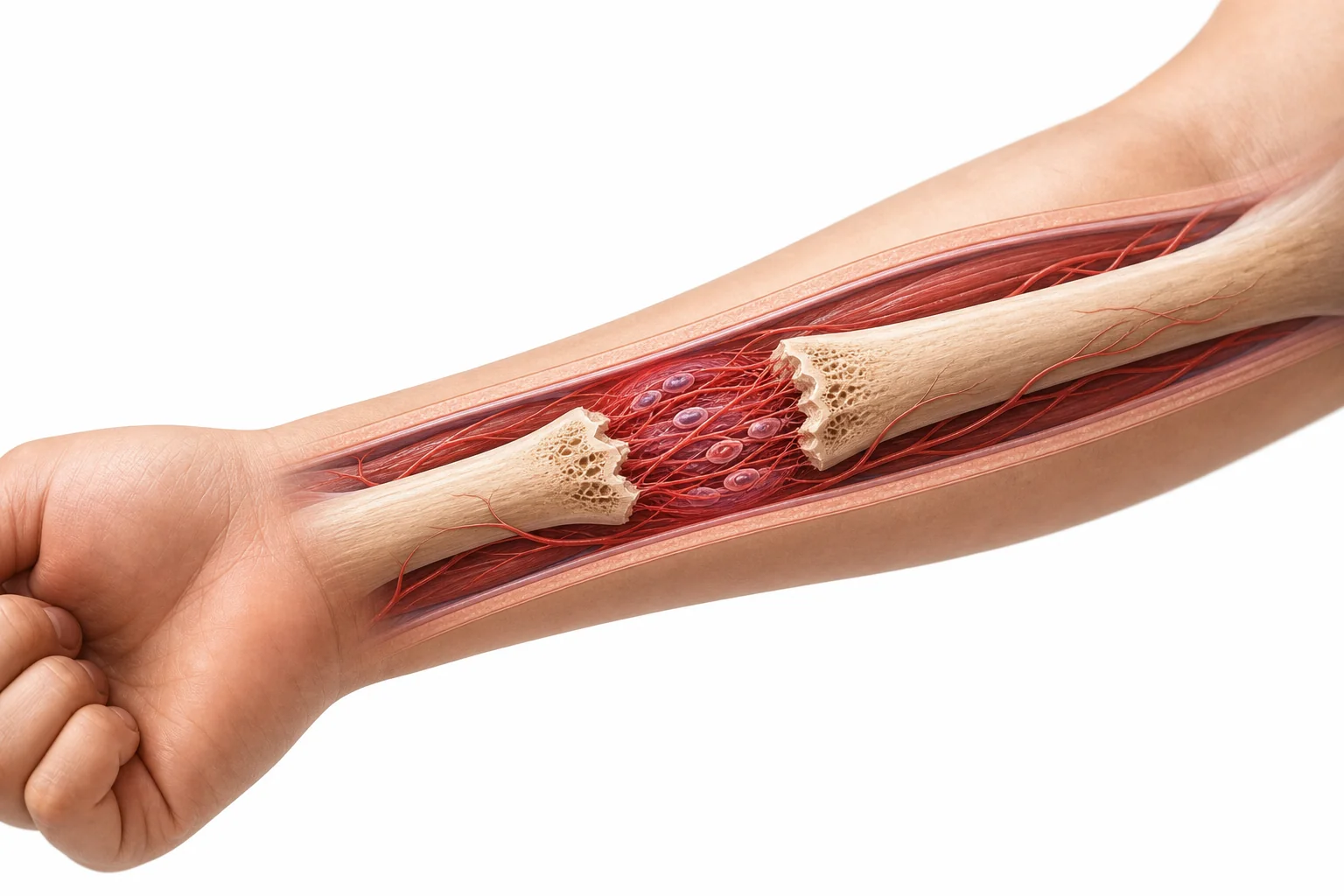Cross section of a broken arm bone showing early repair tissue forming around the break