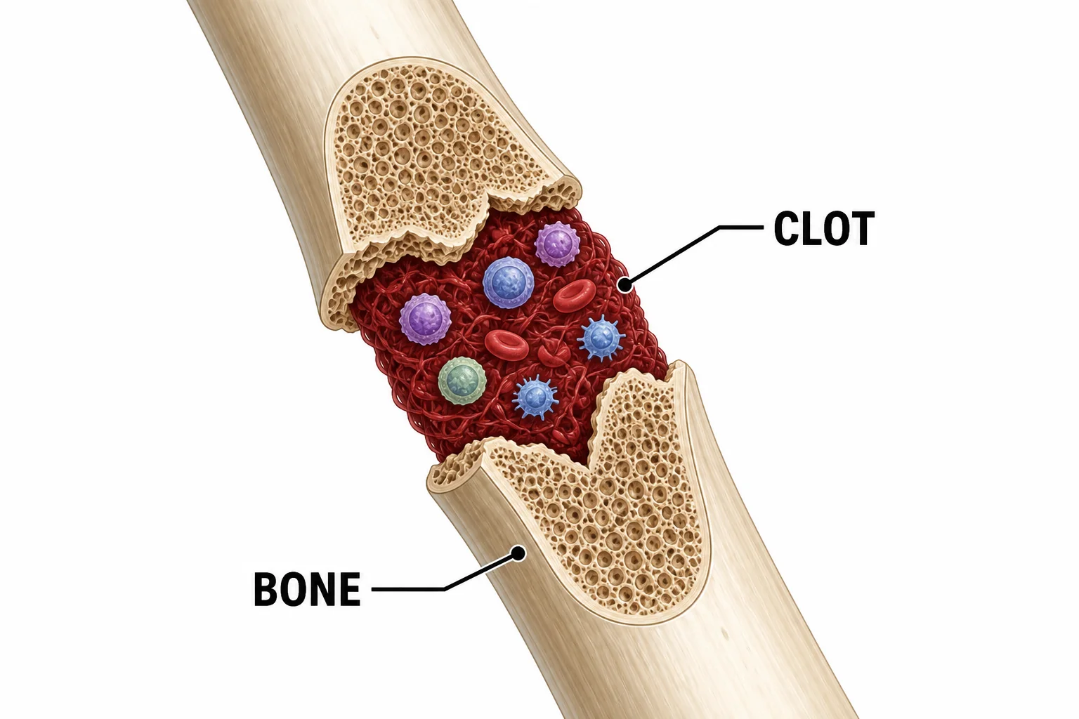 Broken bone ends with a dark blood clot filling the gap and immune cells nearby