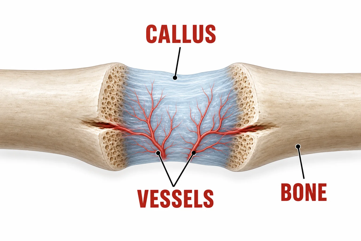 Flexible soft callus tissue spanning the space between broken bone ends with small new blood vessels