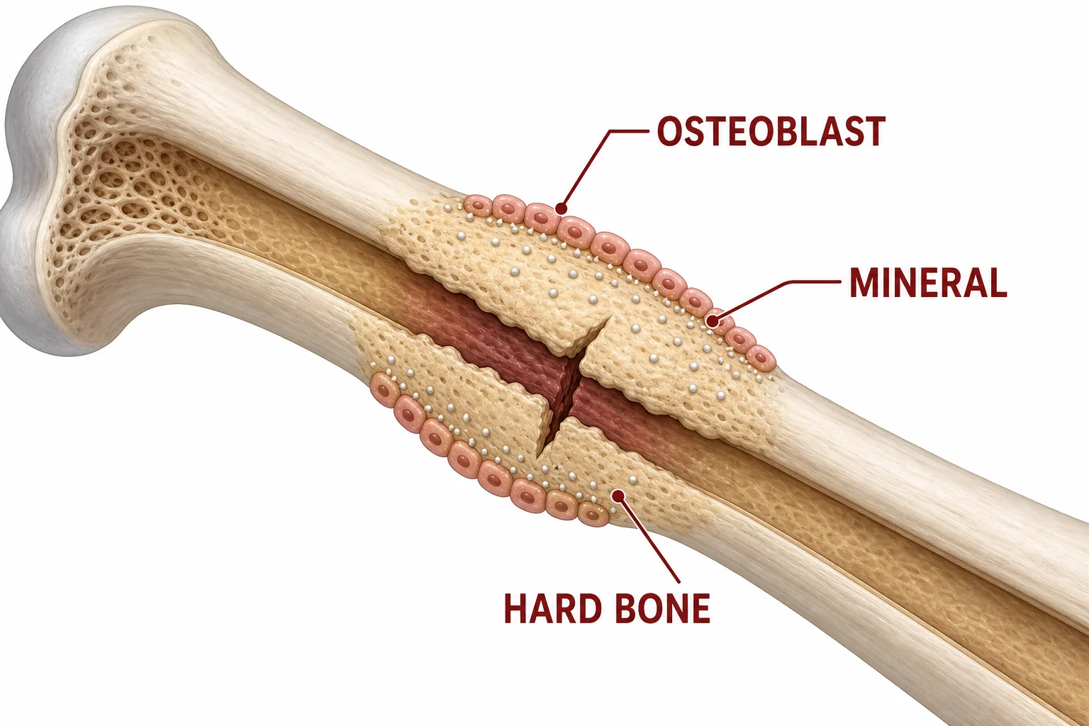 Osteoblast cells placing mineral material into a callus around a broken bone