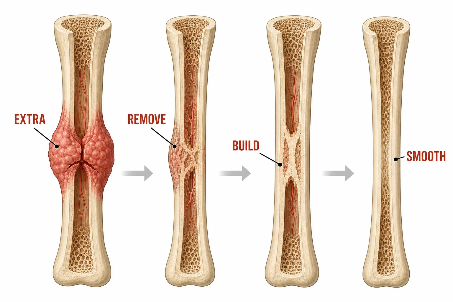 Bone remodeling with osteoclasts removing extra callus and osteoblasts rebuilding smooth bone