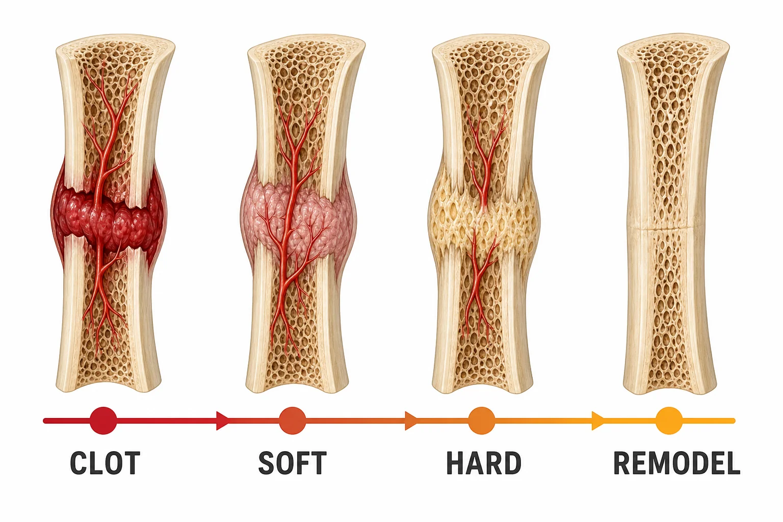 Timeline showing bone healing stages from clot to soft callus, hard callus, and remodeling across weeks