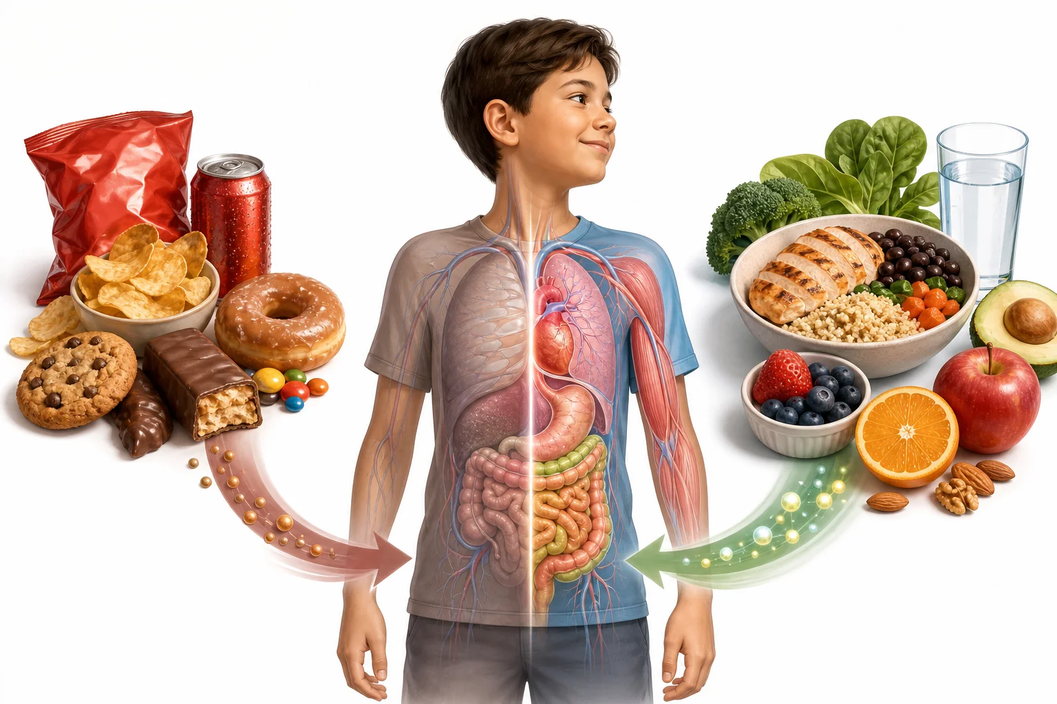 A balanced meal plate with fruits, vegetables, grains, protein, and a small treat shown beside it for comparison