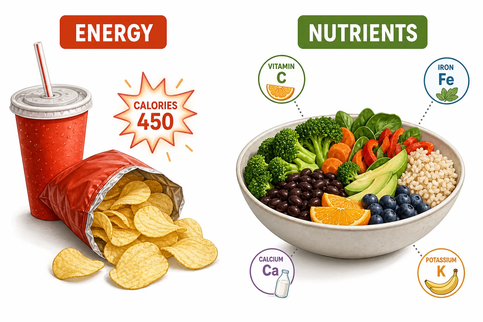 A simple comparison of a small pile of chips and soda beside a larger bowl of vegetables, fruit, and grains, showing that energy and nutrients are different ideas
