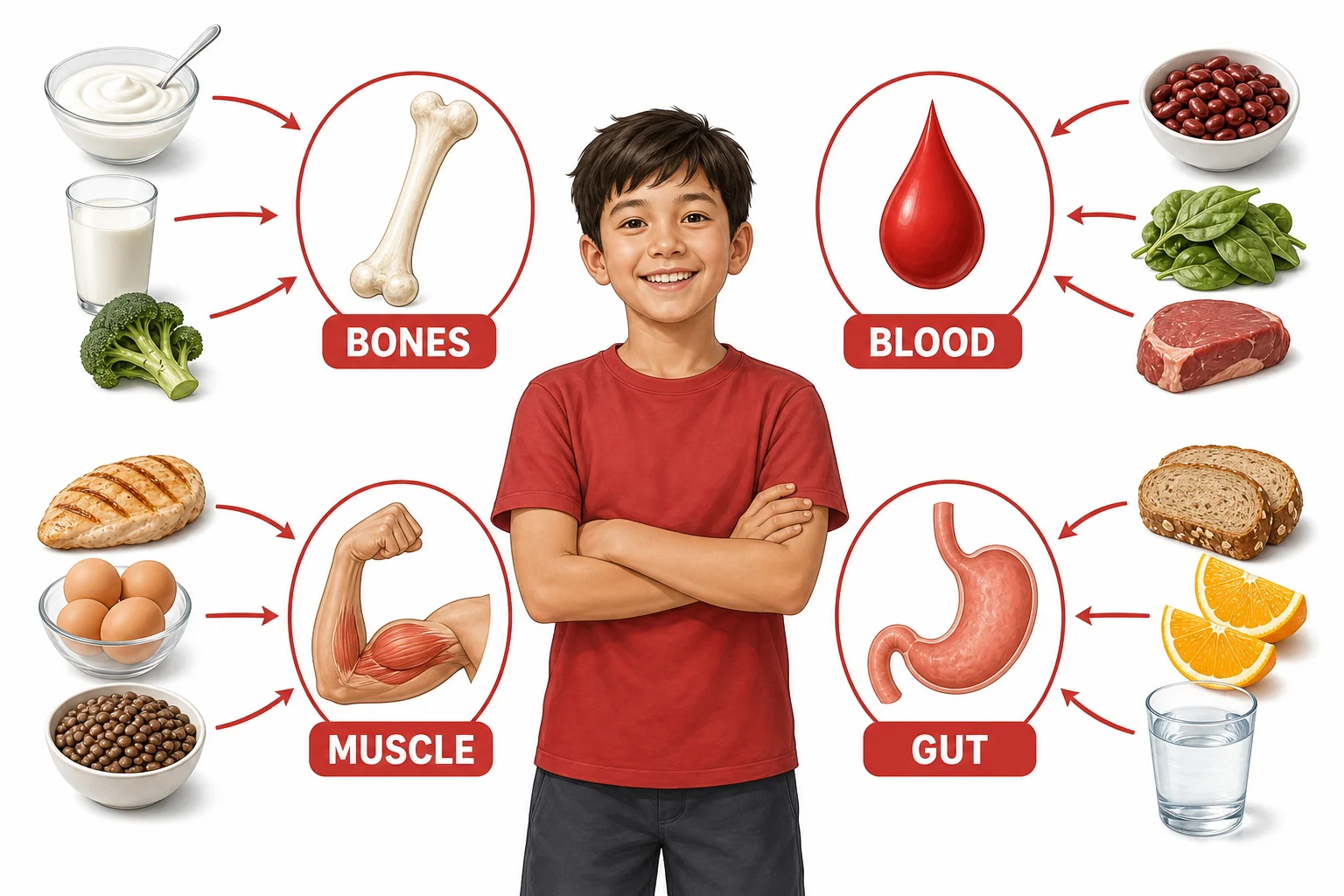 A child with simple body icons for bones, blood, muscles, and digestion connected to foods that provide nutrients