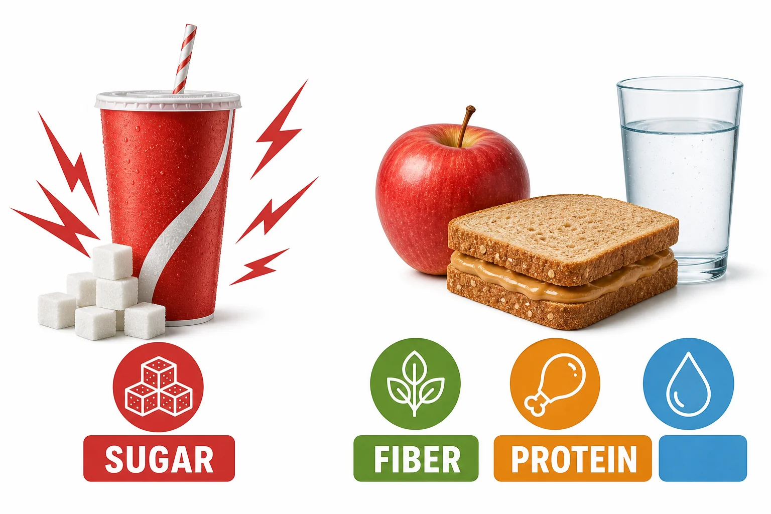 A soda cup showing energy from sugar but few nutrient icons, compared with an apple and sandwich showing fiber, protein, and water icons