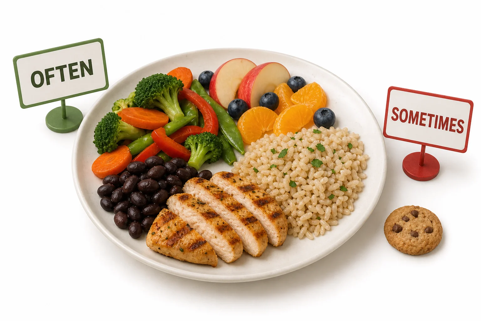 A plate with many everyday foods and one small cookie, showing that treats can be part of a pattern without taking over