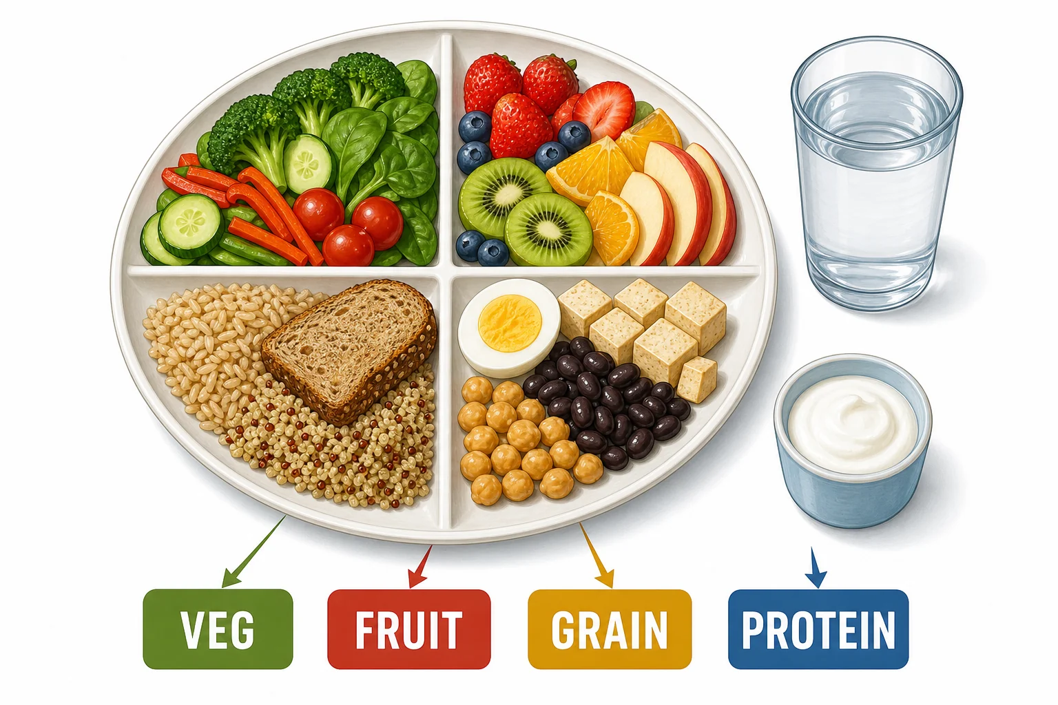 A divided plate showing vegetables, fruit, grains, and protein foods with a glass of water beside it