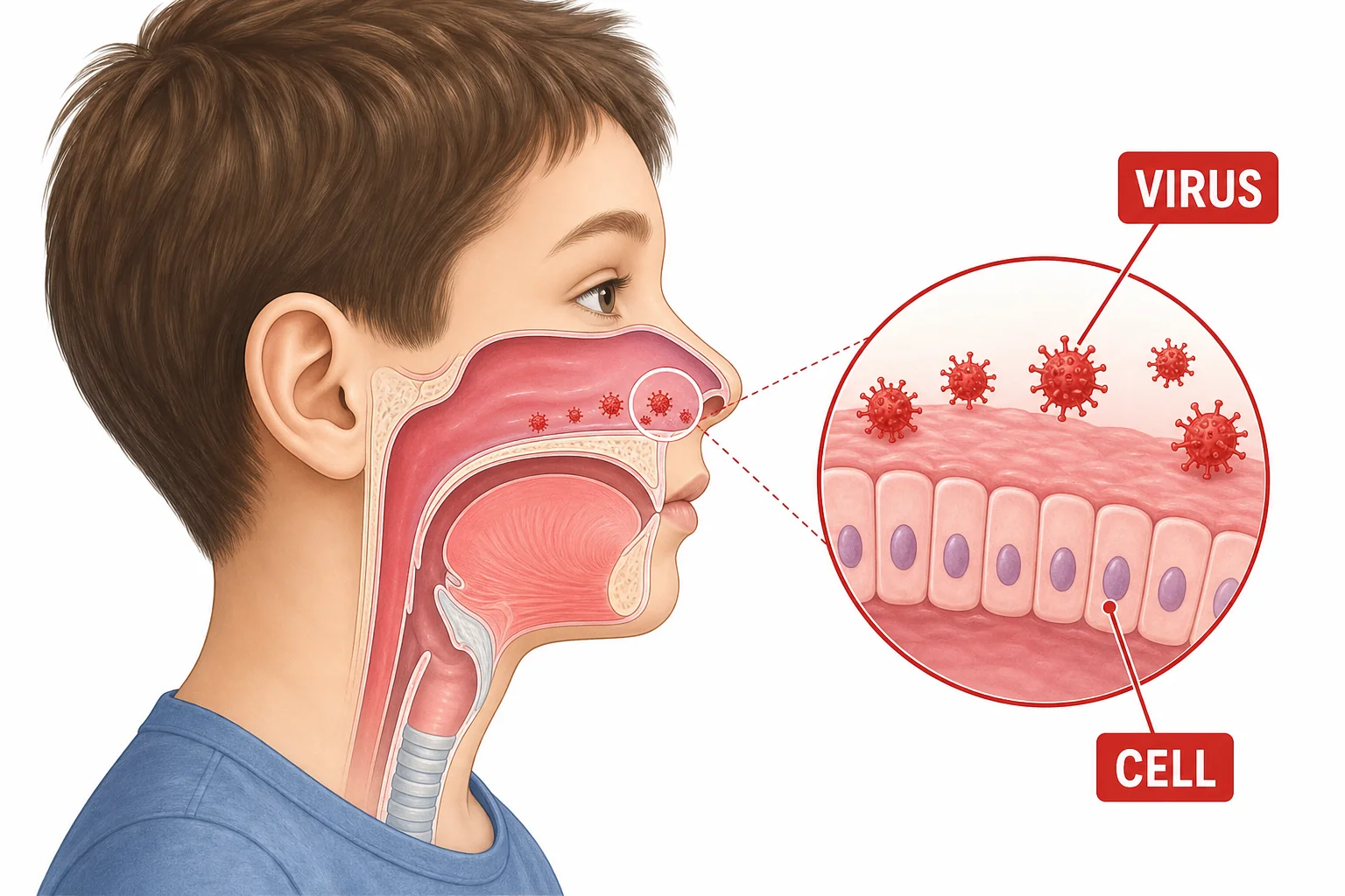 A simplified cold virus near cells in the lining of a child's nose, showing where infection can begin.