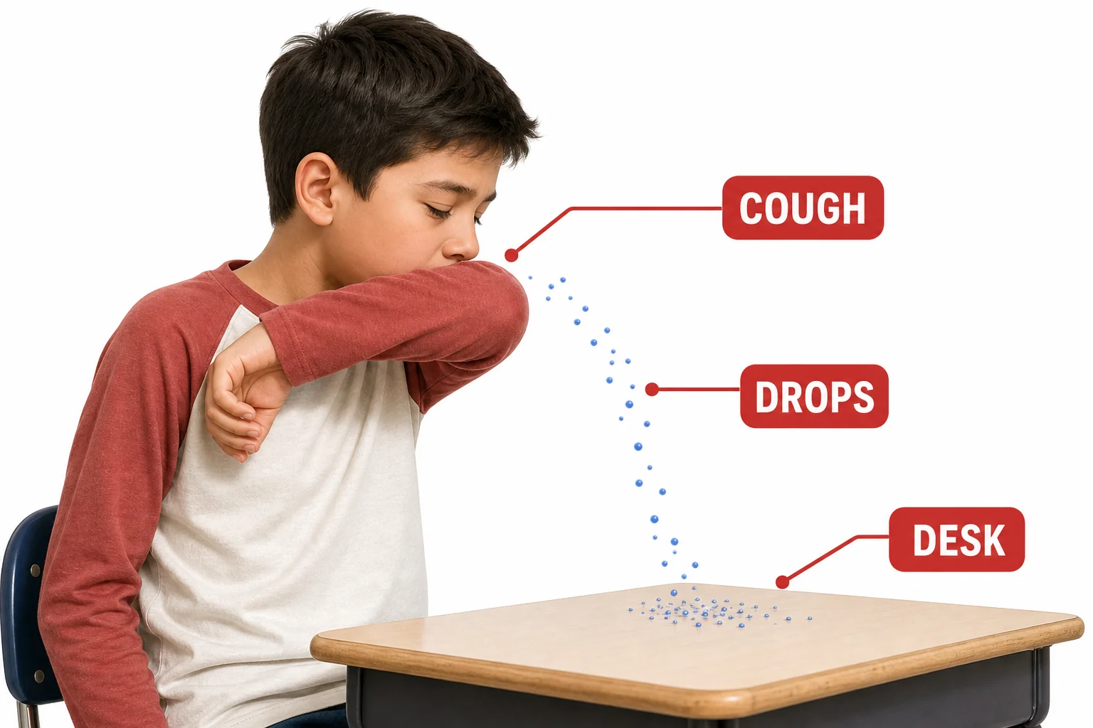 A child coughing into an elbow with small droplets shown moving a short distance and falling onto a nearby desk.