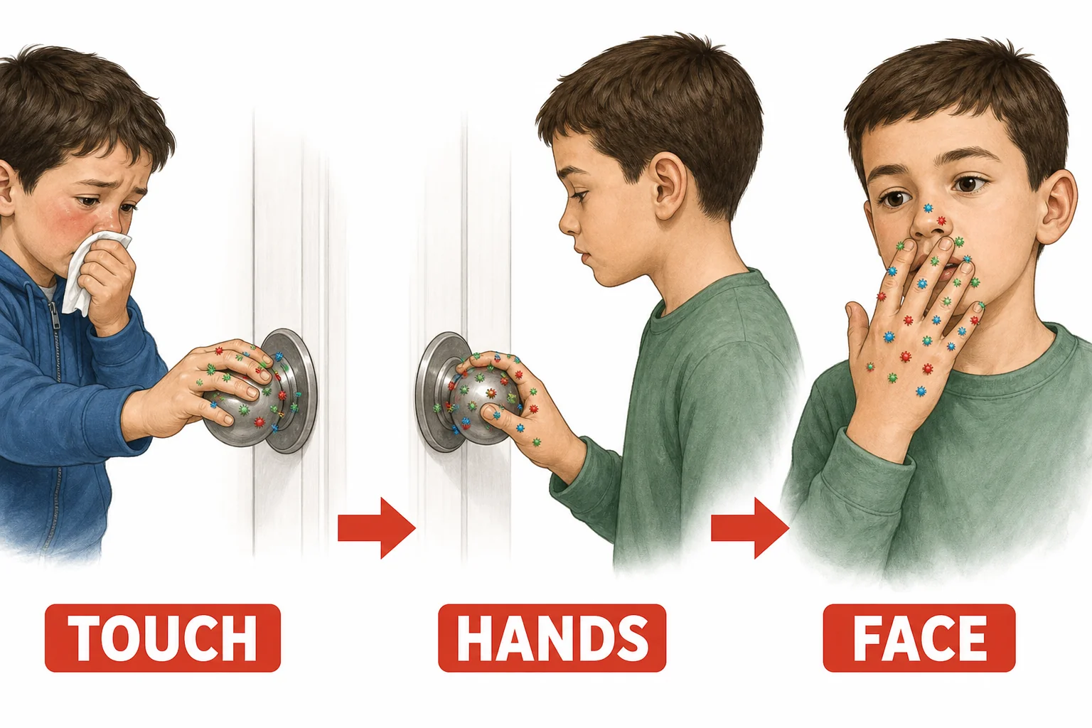 A sequence showing a hand touching a doorknob, then another hand touching the same doorknob, then a hand near an eye.