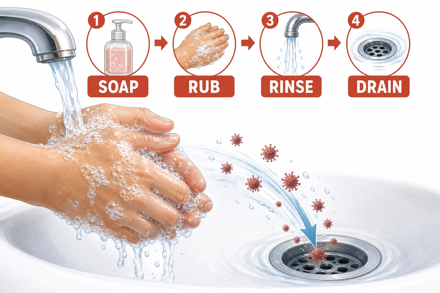 Hands being washed with soap and running water, with virus particles shown lifting off the skin and going down the drain.