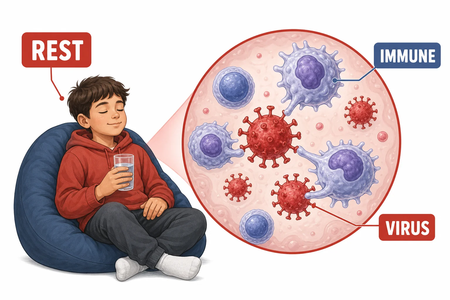 Immune cells surrounding cold virus particles while a child rests with water and tissues nearby.