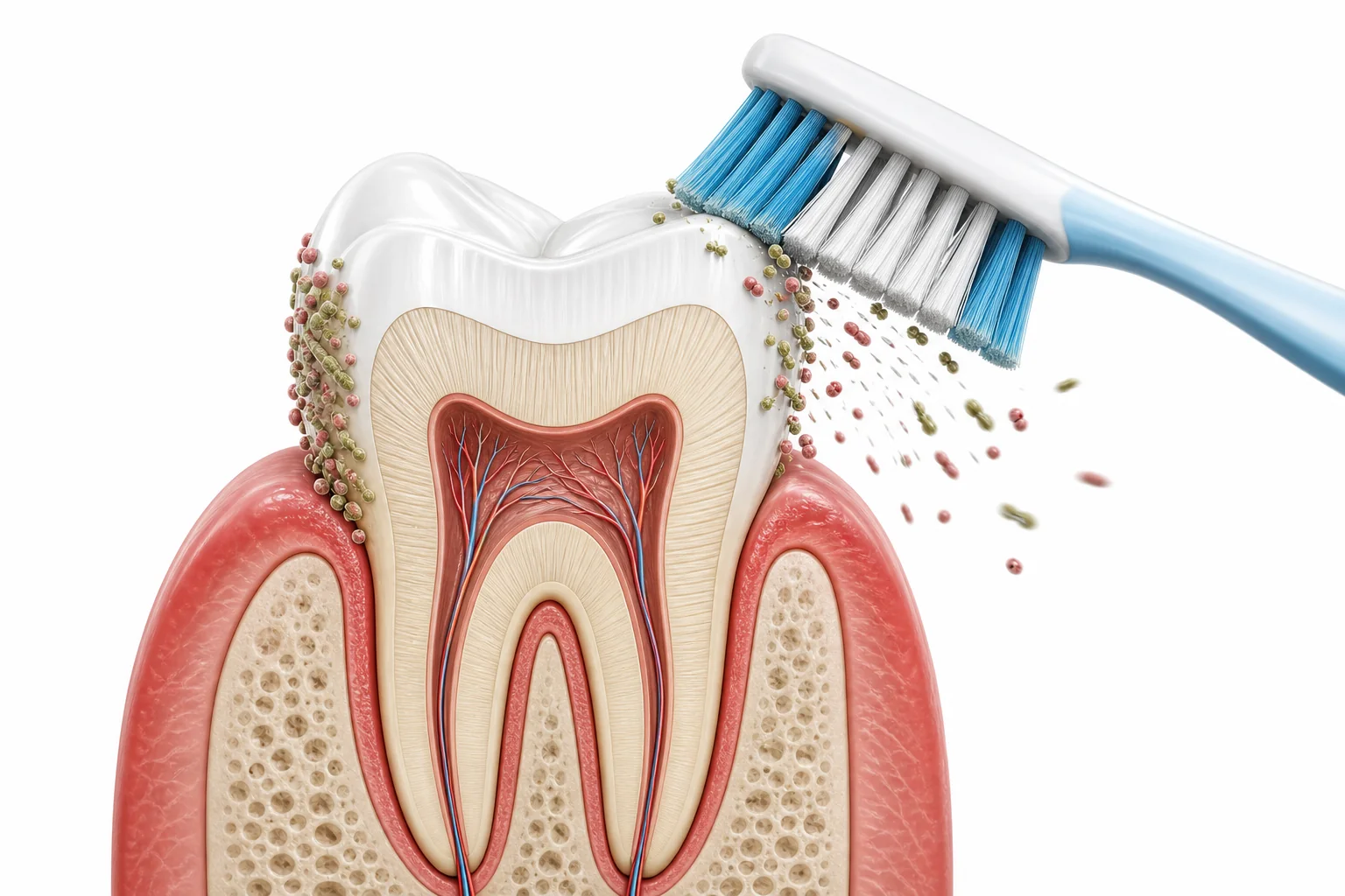 A child brushing teeth while a cutaway tooth shows plaque being removed from the tooth surface.