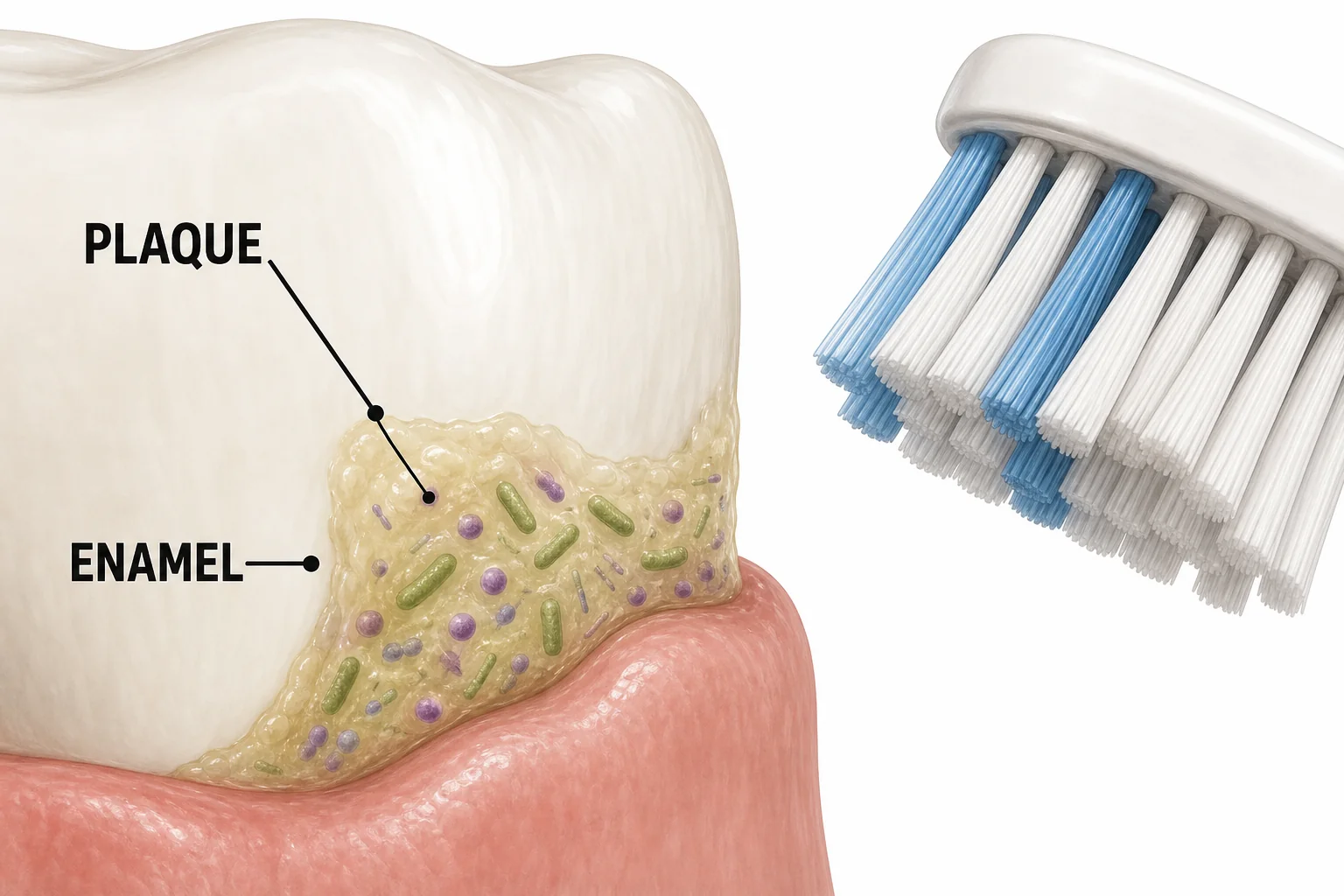 A close view of a tooth surface with a sticky plaque film holding bacteria near the enamel and gumline.