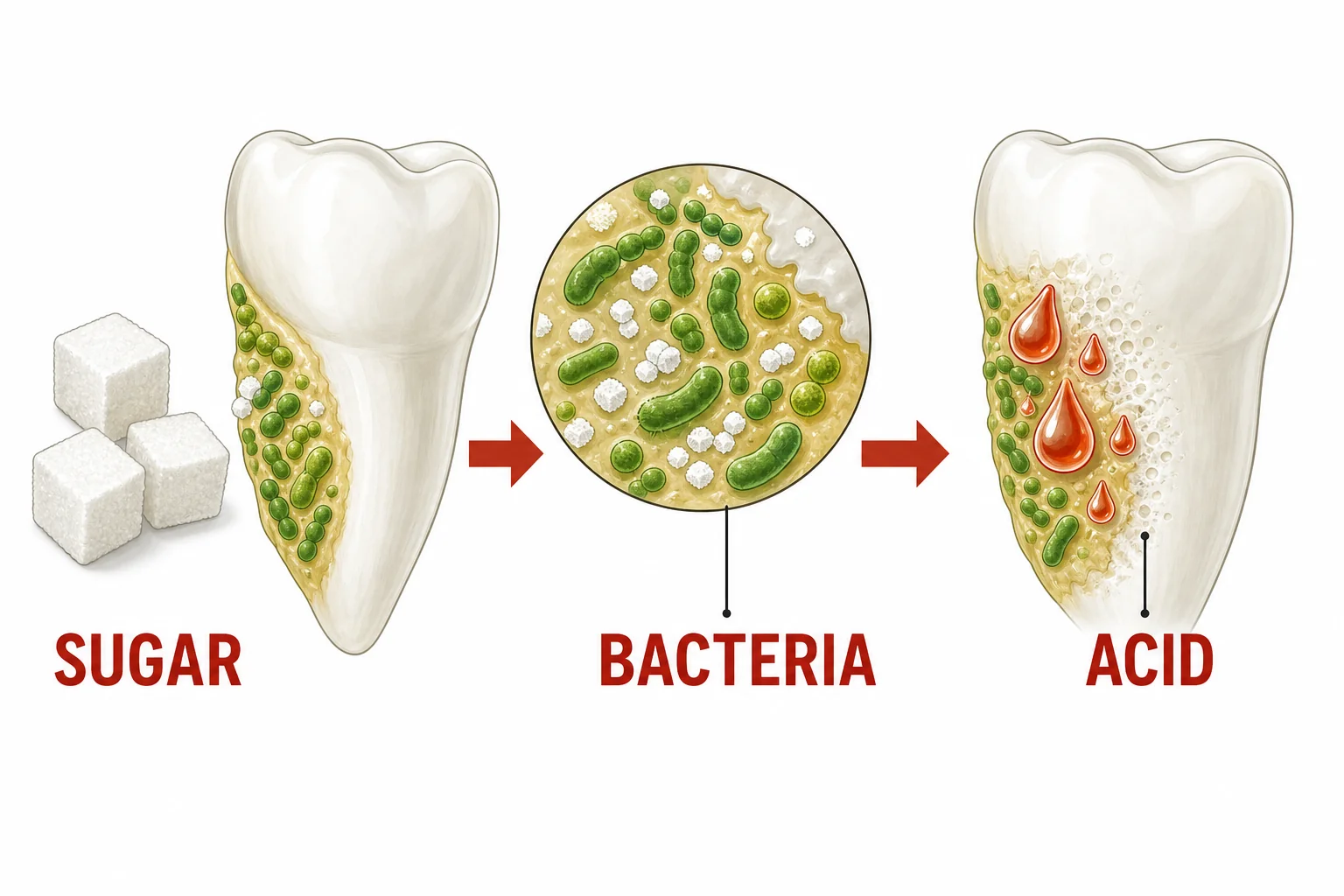 A simple sequence showing sugar entering plaque bacteria and acid touching the enamel surface.