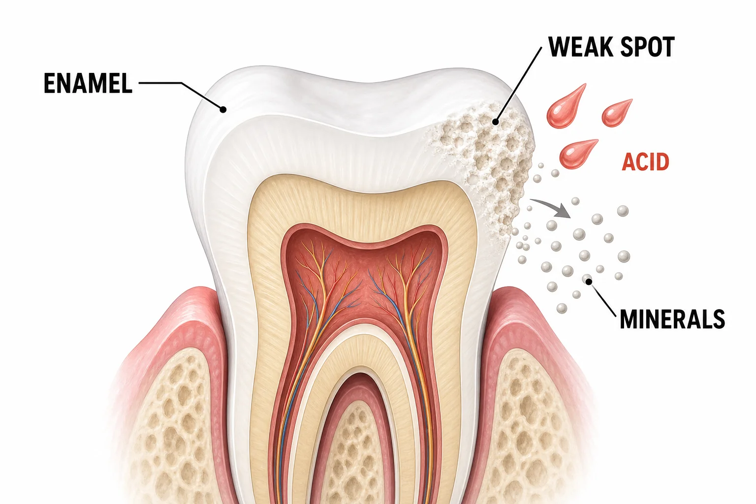 A tooth cross section showing strong enamel on one side and early mineral loss on the other side.